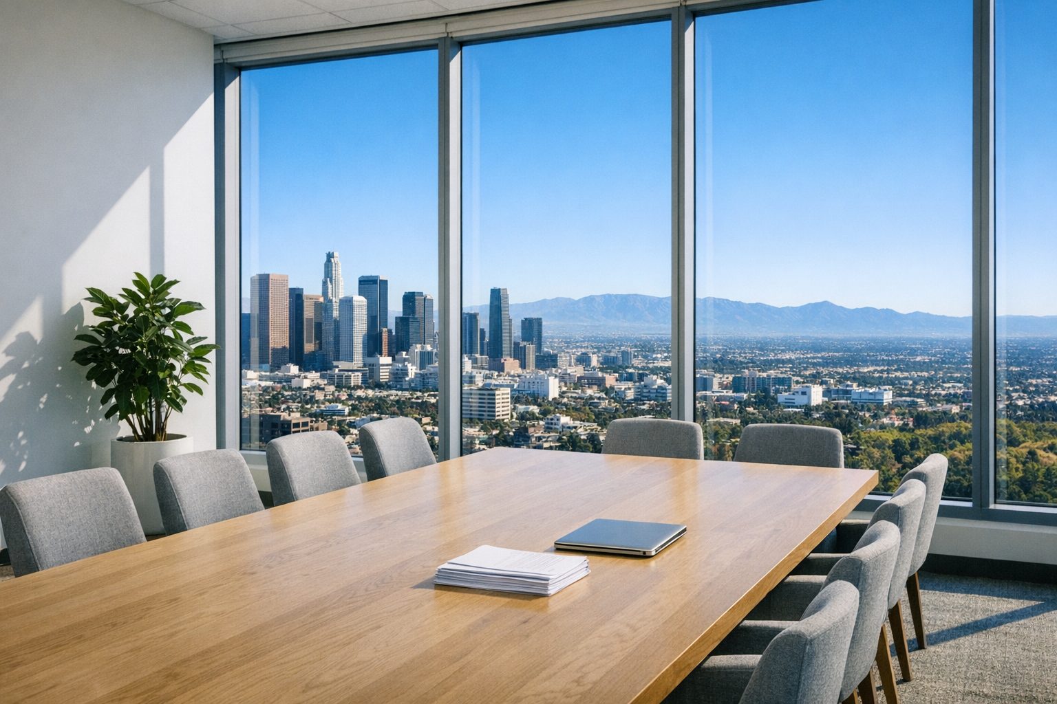 Empty meeting room high in a California office tower, morning light over the city