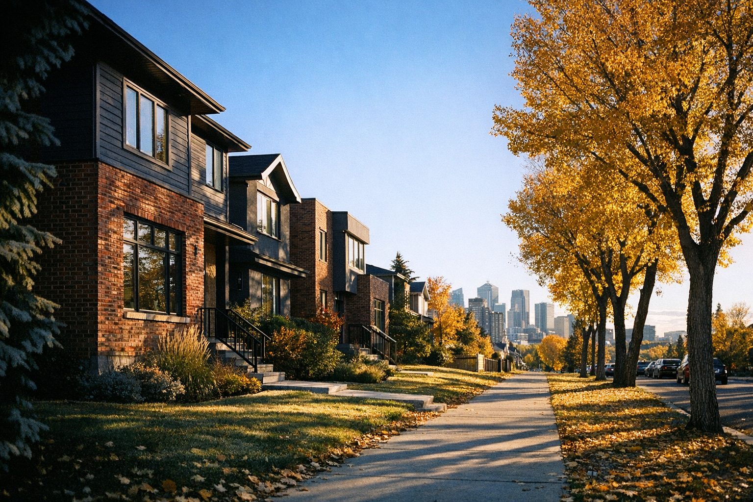 Sunlit inner-city Calgary street of infill homes with the downtown skyline beyond