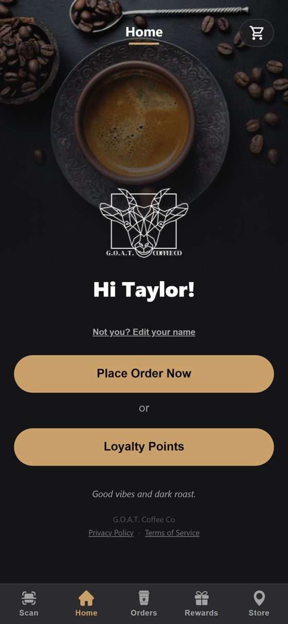 Goat Coffee rewards app home screen with buttons to place an order or open loyalty points