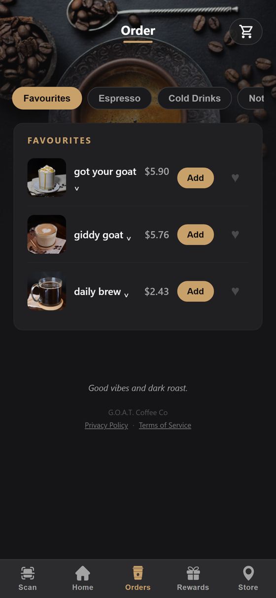 Goat Coffee rewards app order screen showing menu categories and drinks with prices and an add button