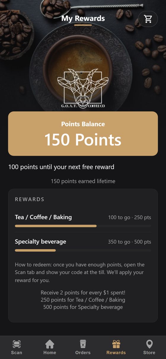Goat Coffee rewards app screen showing a points balance and progress bars toward two rewards