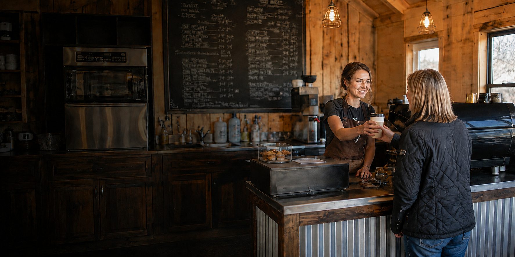 Barista handing a coffee across the counter of a rustic Camrose coffee shop