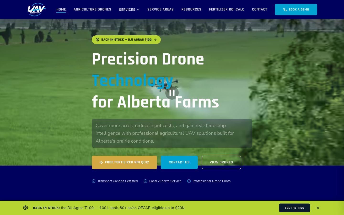 UAV AG homepage showing a drone spraying an Alberta field, with a fertilizer ROI quiz and equipment links