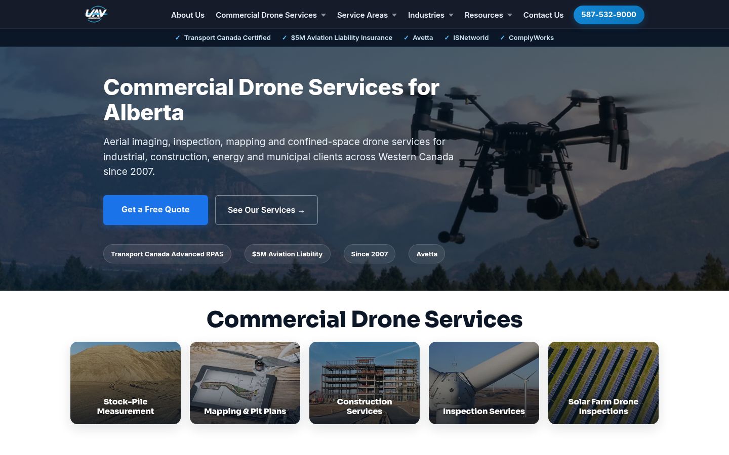 UAV Imaging homepage showing commercial drone services for Alberta with service cards