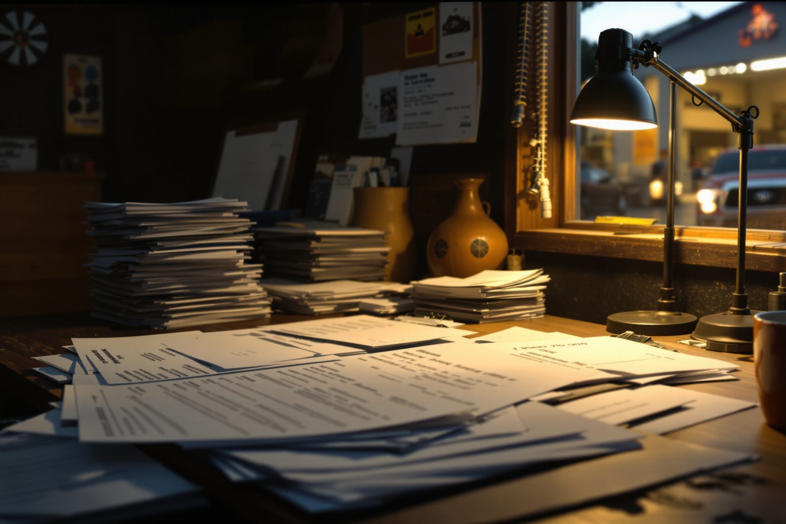 A shop office desk at night covered in stacks of paper quotes and invoices under a desk lamp